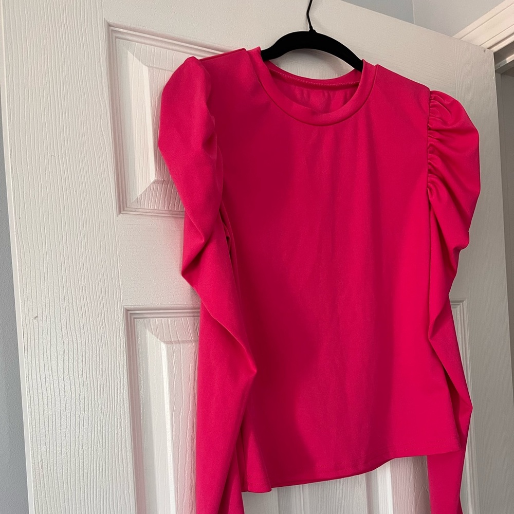 HOT pink puff sleeve slim solid shirt